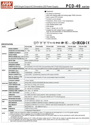 Meanwell PCD-40 LED Driver - 40W Triac Dimmable Constant Current Drivers - Image 2