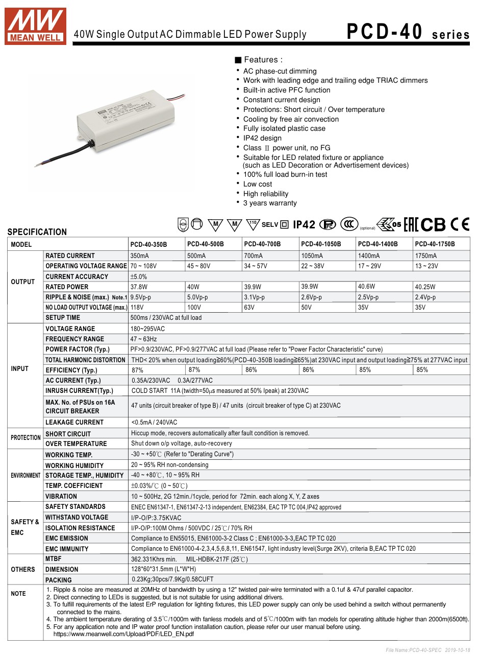 Meanwell PCD-40 LED Driver - 40W TRIAC Dimmable Constant Current Drivers - Image 2