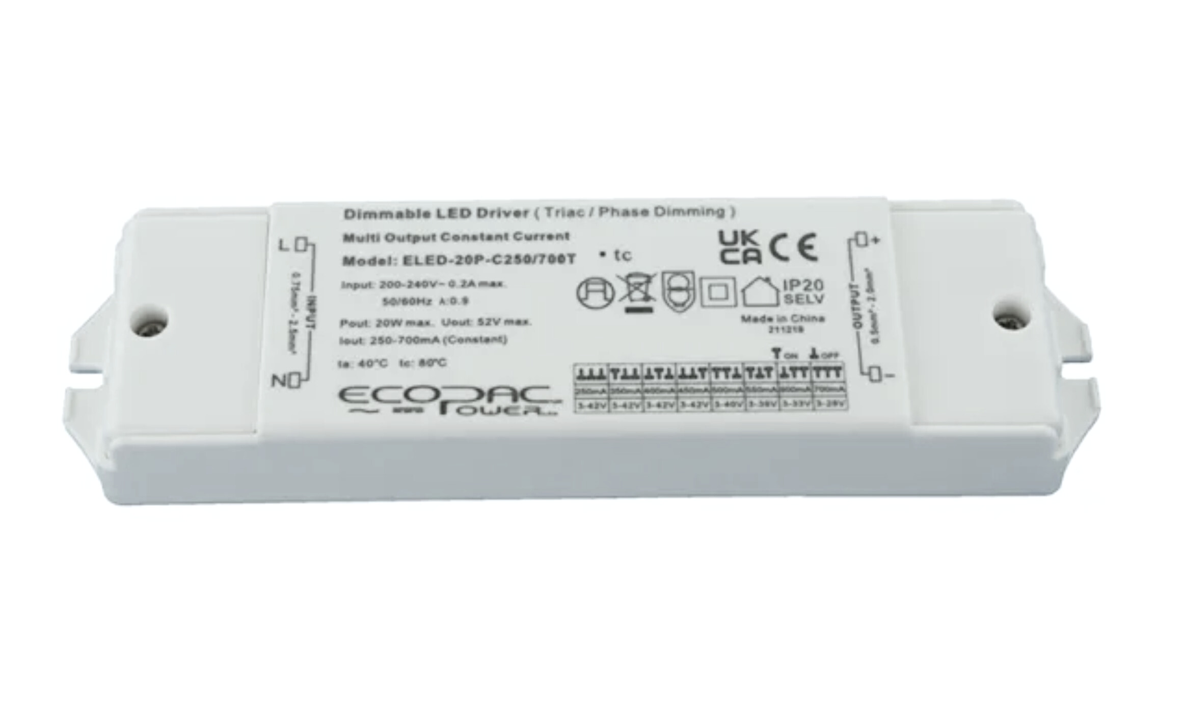 ELED-20P-C250/700T Series TRIAC Dimmable Constant Current LED Drivers