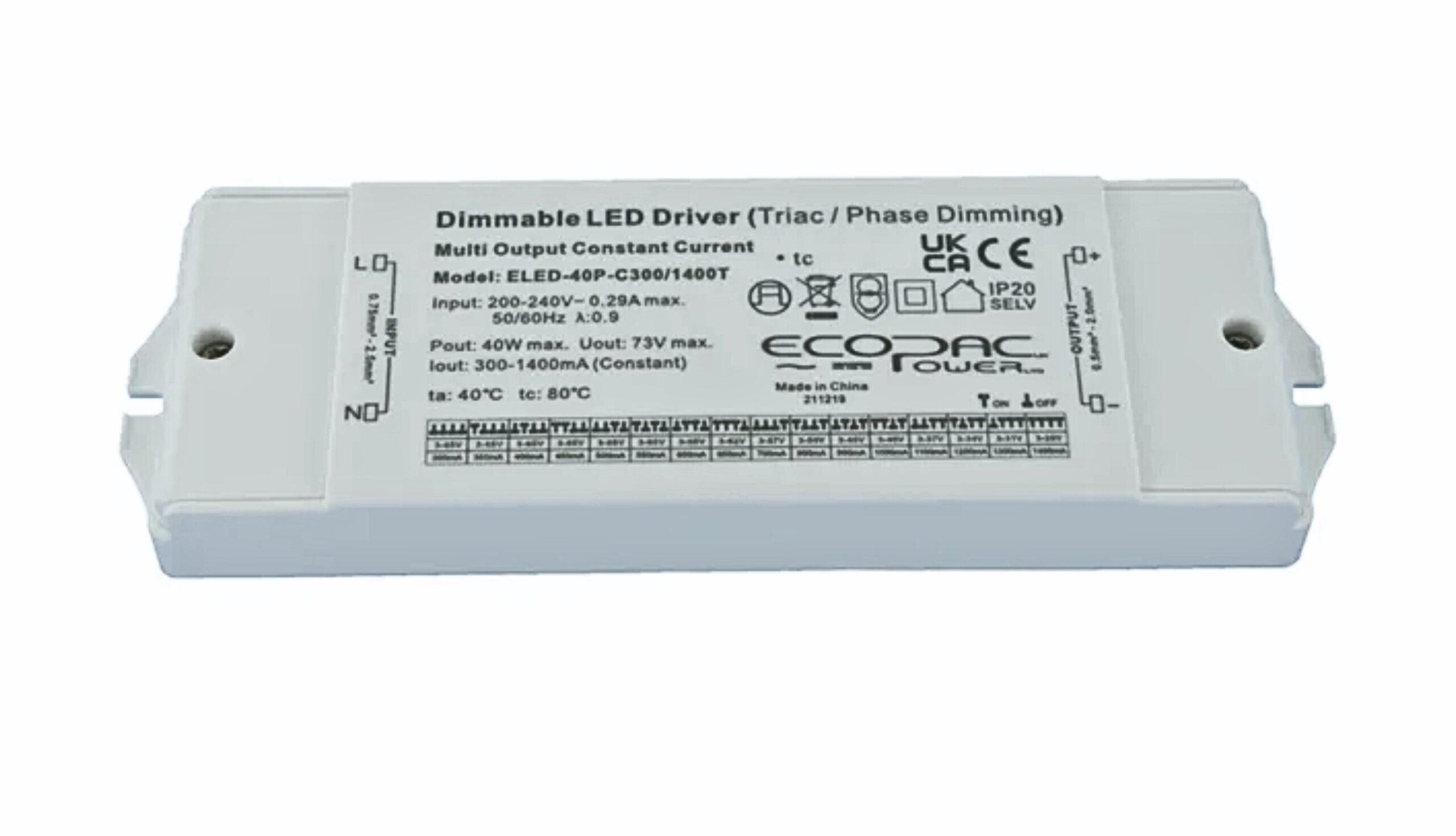 ELED-40P-C300/1400T Series TRIAC Dimmable Constant Current LED Drivers