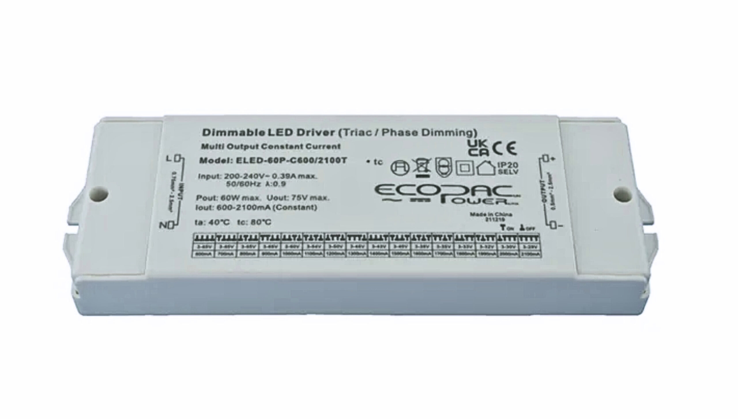 ELED-60P-C600-2100T Series TRIAC Dimmable Constant Current LED Driver