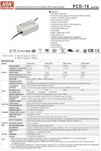 Mean Well PCD-16 LED Driver – 16W Triac-Dimmable Constant Current Driver - Image 2