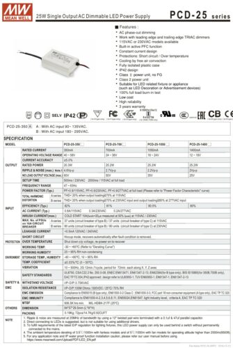 Mean Well PCD-25 LED Driver – 25W Triac Dimmable Constant Current Drivers - Image 2