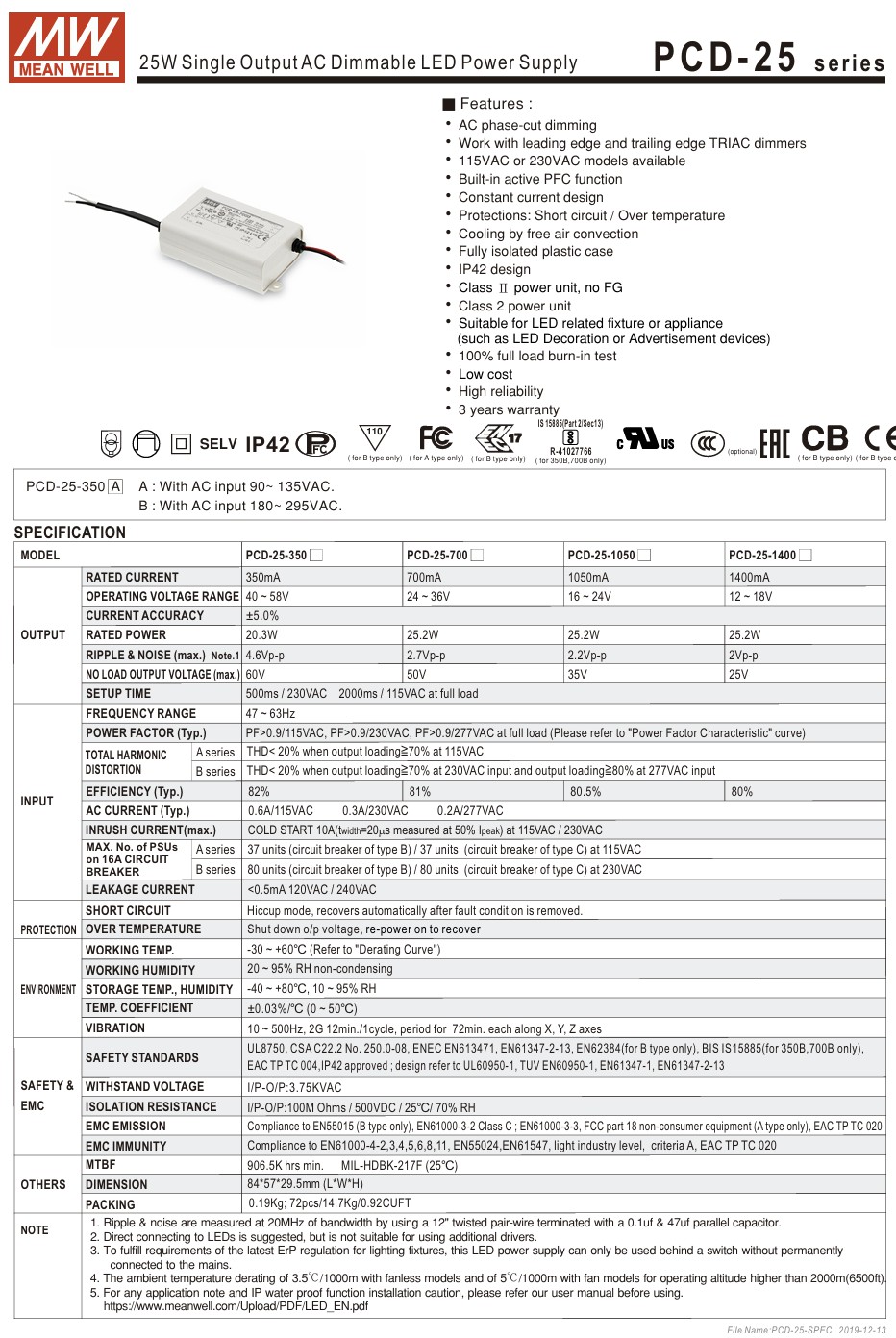 Mean Well PCD-25 LED Driver – 25W TRIAC Dimmable Constant Current Drivers - Image 2