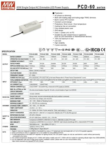 Mean Well PCD-60 LED Driver – 60 W Triac-Dimmable Constant Current - Image 2
