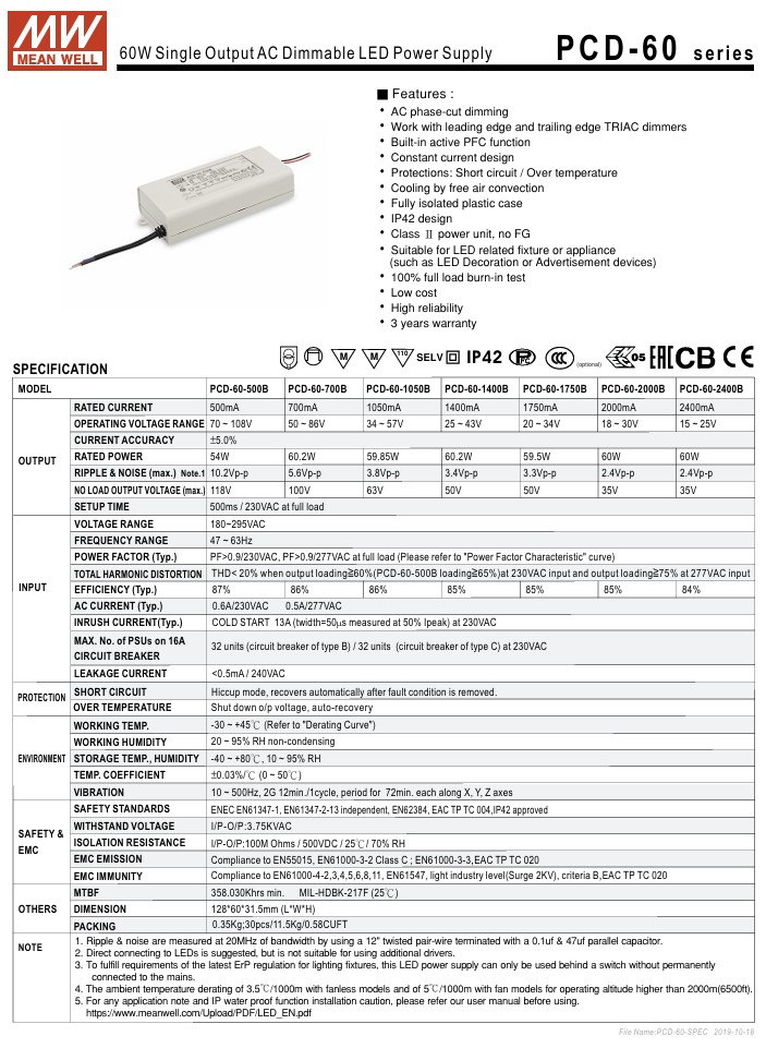 Mean Well PCD-60 LED Driver – 60 W TRIAC-Dimmable Constant Current - Image 2