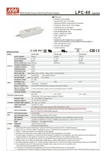 Mean Well LPC-60 60W Constant Voltage IP67 LED Driver - Image 2