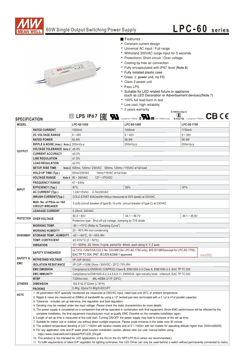 MEANWELL LPC-150 Series Constant Current Driver - Image 2